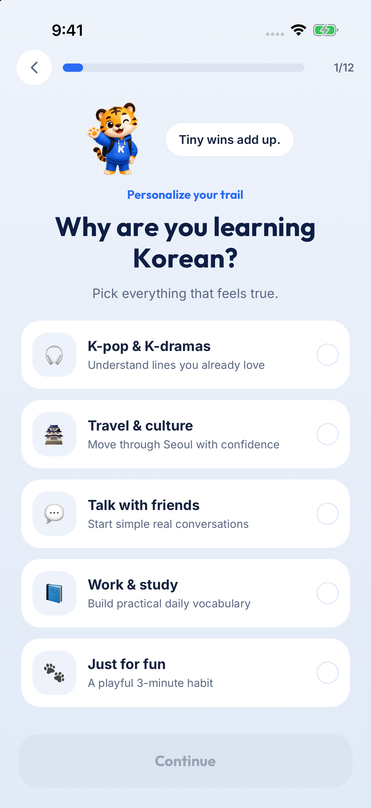 Kori verified source app screen: agent onboarding goals